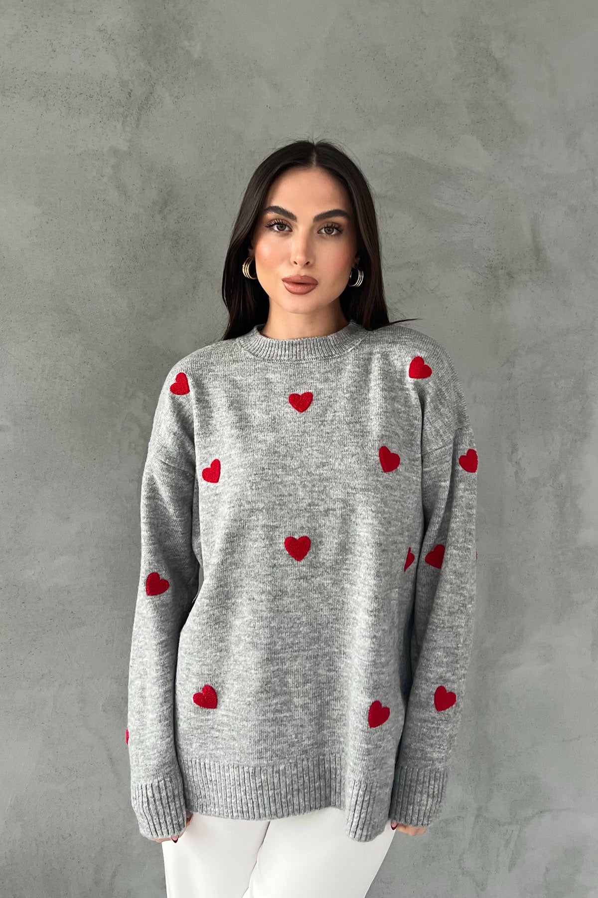 Gri Kalp Nakışlı Triko Kazak SY-2387-Gri
