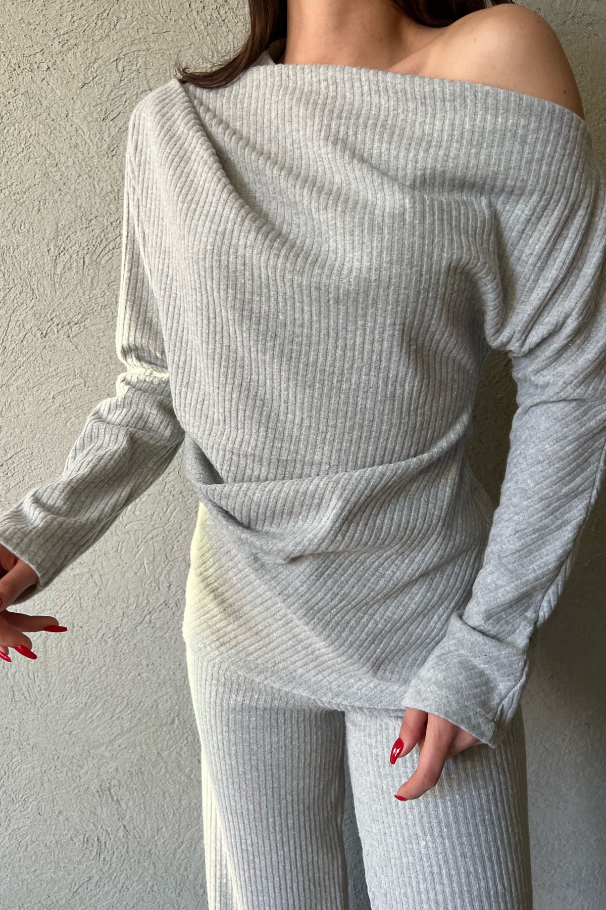 Gri Asimetrik Fitilli Bluz ve Pantolon Triko Takım SY-1299-Gri