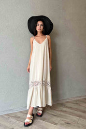 Naturel Örme Detaylı Askılı Elbise SY-1880-Naturel