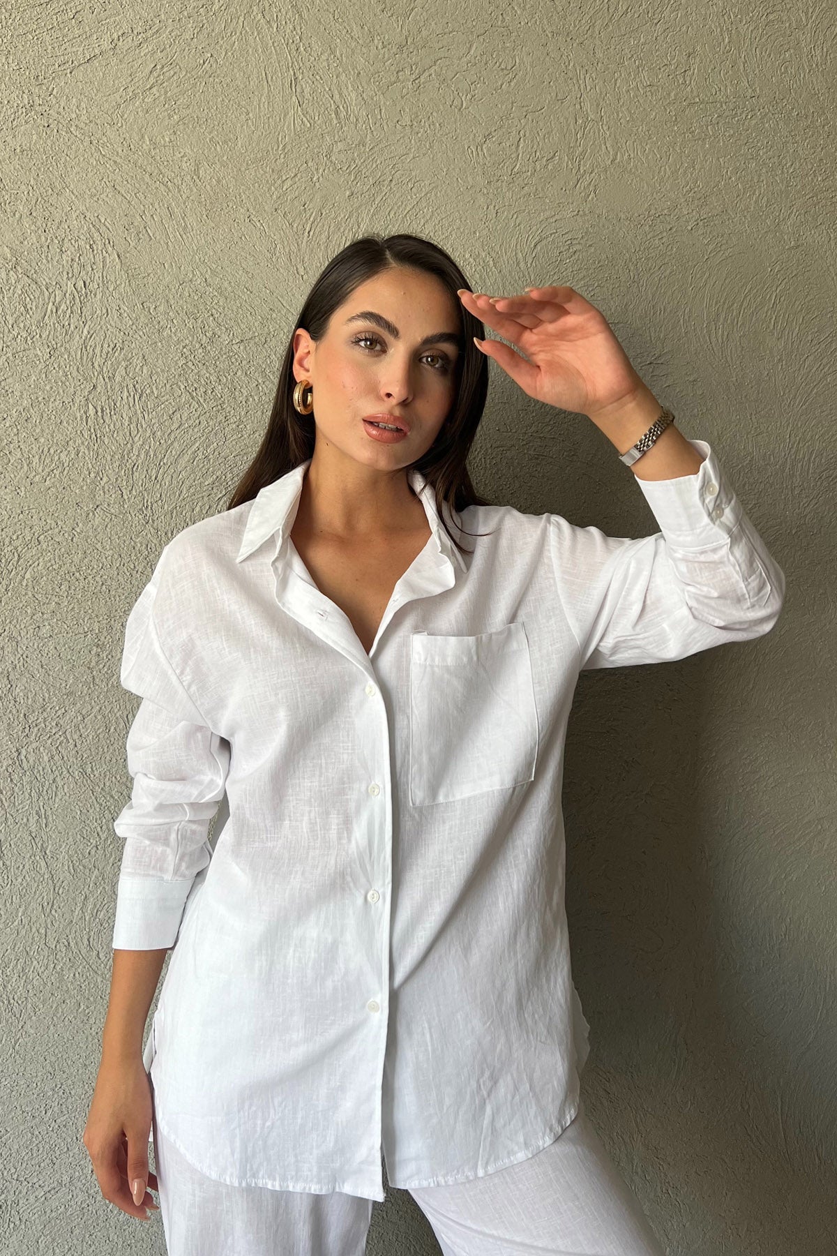 Beyaz Keten Gömlek Pantolon Takım SY-2246-Beyaz