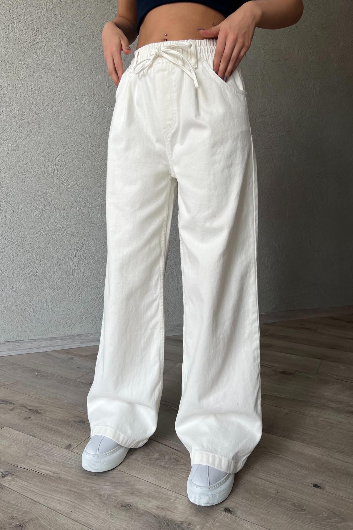 Ekru Beli Lastik Detaylı Gabardin Bol Paça Pantolon SY-1916-Bej