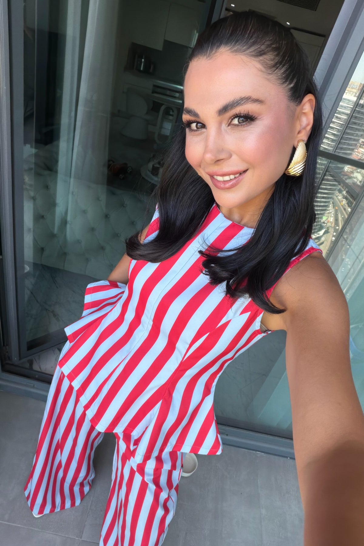 Kırmızı Mavi Çizgili Peplum Bluz Pantolon Takım SY-3790-Kırmızı