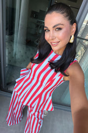 Kırmızı Mavi Çizgili Peplum Bluz Pantolon Takım SY-3790-Kırmızı