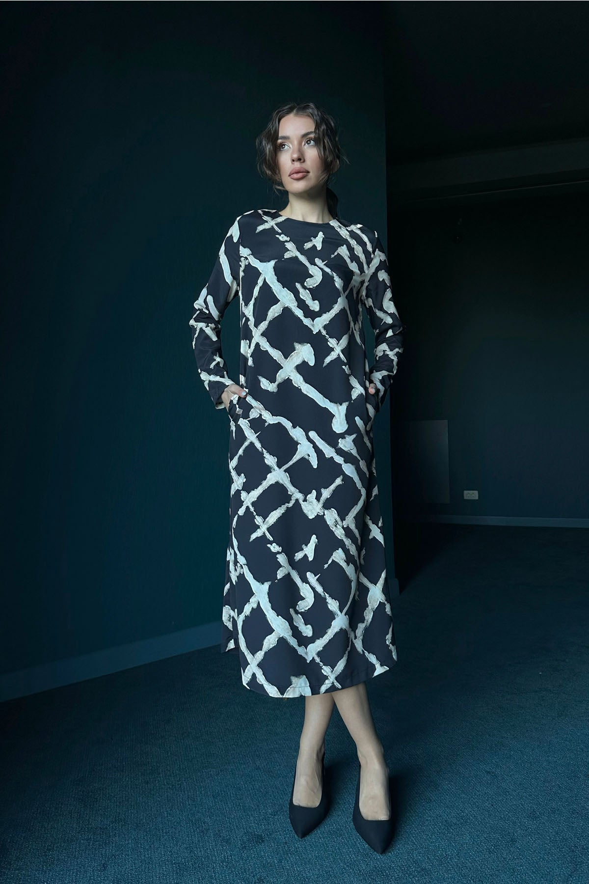 Siyah Çift Cep Detaylı Maxi Boy Elbise SY-0236-Siyah