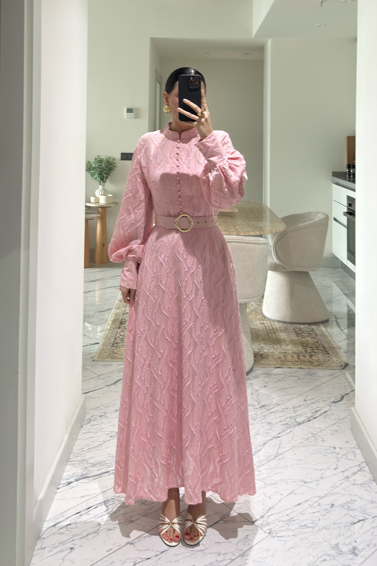 Murhpy Altın Tokalı Kemer Detaylı Jakarlı Elbise SY-2935-Pembe