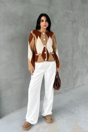 Kahverengi Geçişli Yumoş Baklava Desenli Hırka SY-2769-Kahverengi