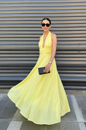 Sarı Puglia Tasarım Sırt Detaylı Keten Elbise SY-2263-Sarı