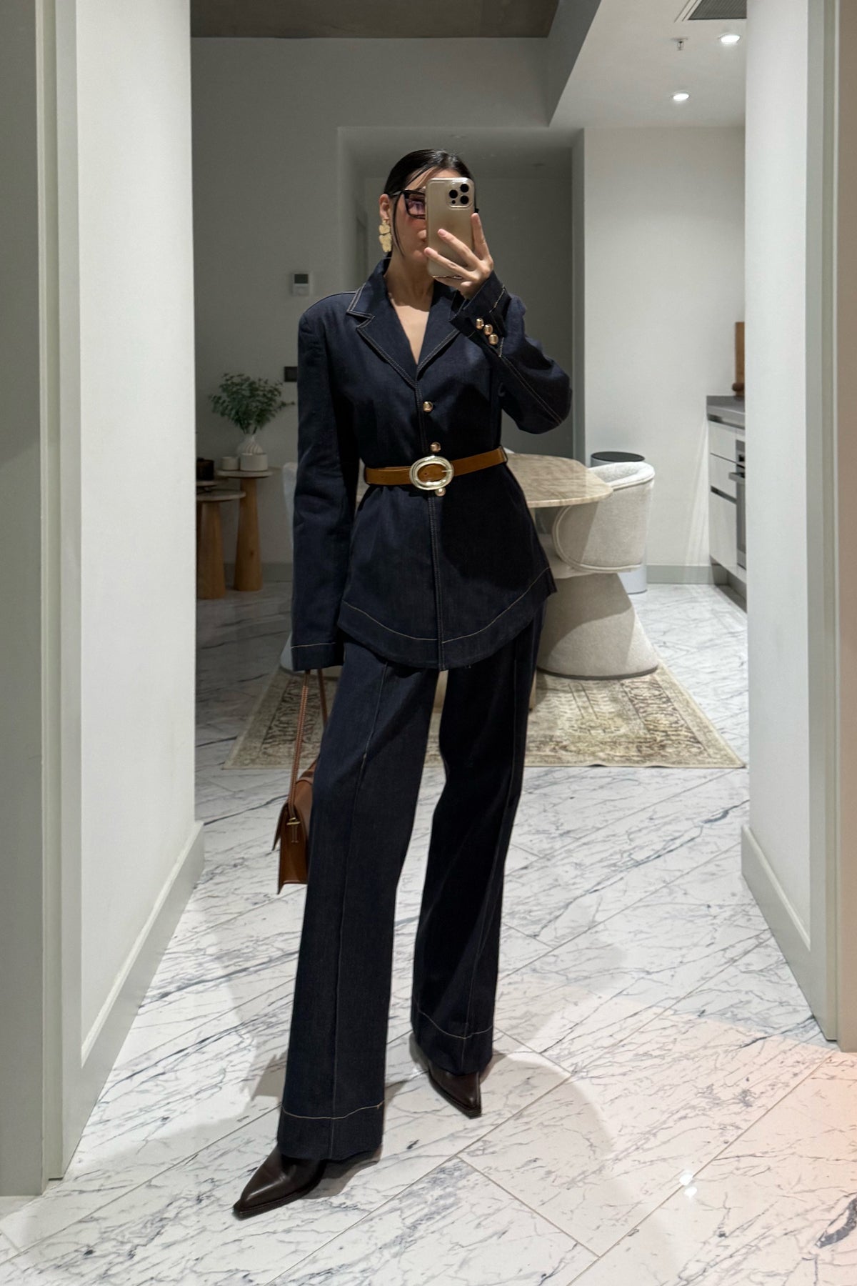 Kadın Kemerli Fit Denim Ceket ve Pantolon Takım SY-3534-Lacivert