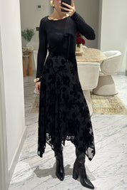 Siyah Kadife Çiçek Desenli Asimetrik Etek SY-3530-Siyah