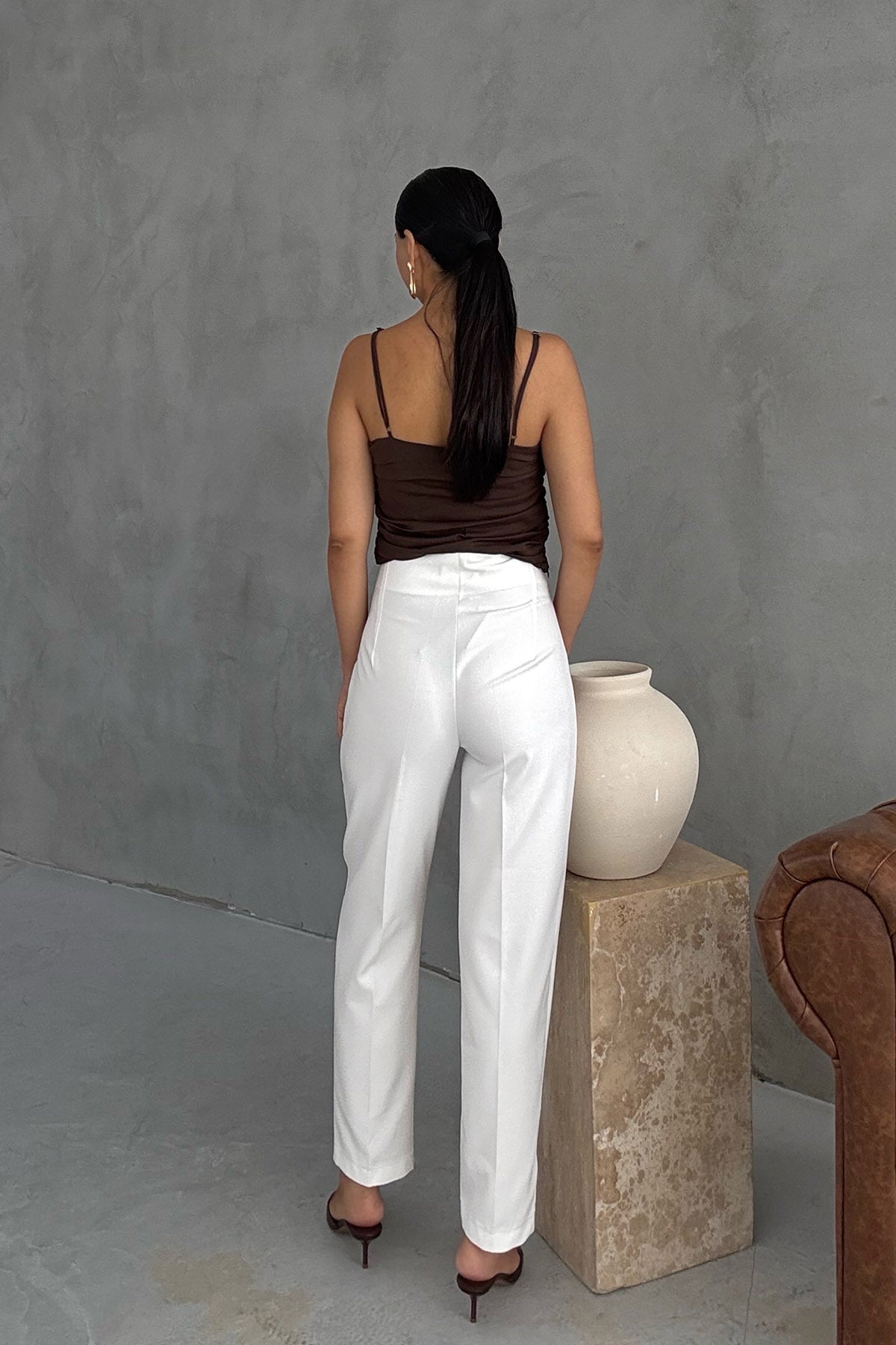 Ekru Çift Pensli Fleto Cepli Pantolon SY-3106-Ekru