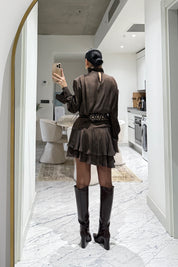 Büyük Kemer Detaylı Saten Mini Etek Ve Bluz Takım SY-3560-Kahverengi