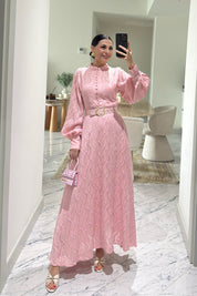 Murhpy Altın Tokalı Kemer Detaylı Jakarlı Elbise SY-2935-Pembe