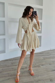 Bej Bağlama Detay Bluz ve Fırfırlı Etek Takım SY-0401-Bej