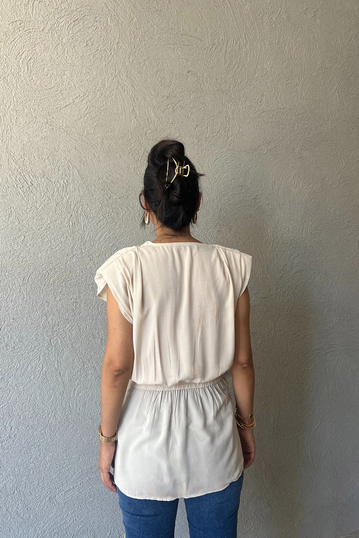 Bej Vatkalı Kruvaze Yaka Bluz SY-0442-Bej