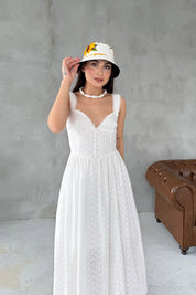 Beyaz Askılı Midi Boy Brode Elbise SY-3068-Beyaz