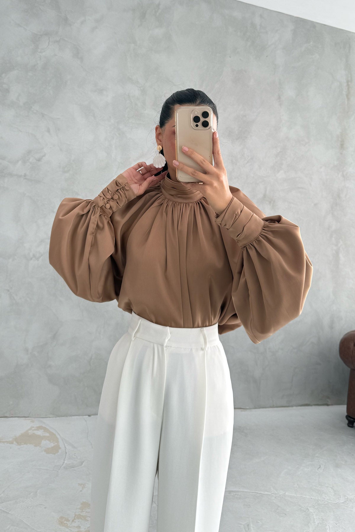 Kahve Dökümlü Zr Tasarım Saten Bluz SY-3369-Kahve