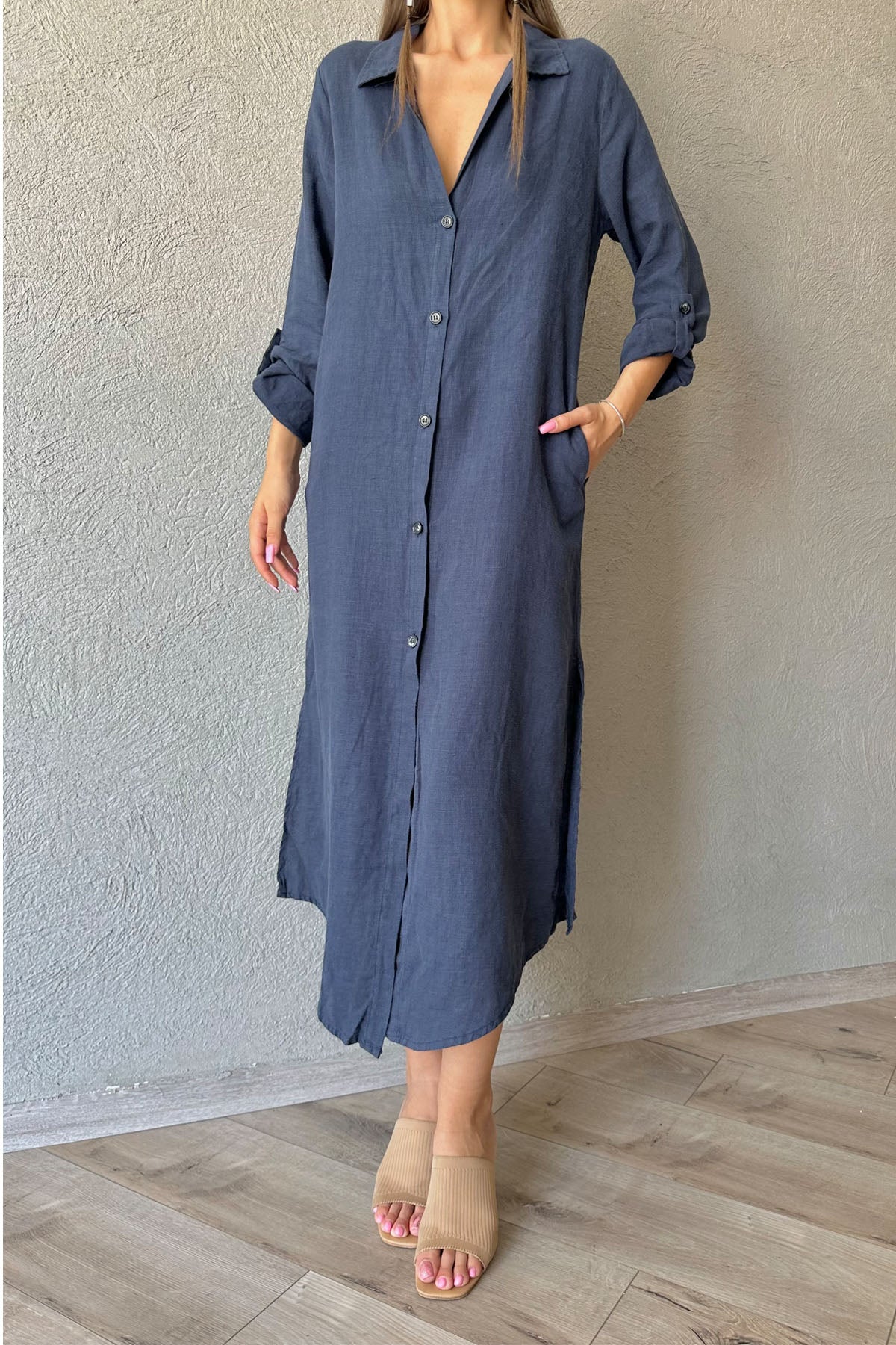 Lacivert Polo Yaka Düğmeli Yandan Yırtmaçlı Keten Elbise SY-0658-Lacivert