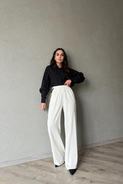 Ekru Önü Pileli Şerit Detaylı Pantolon SY-1809-Ekru