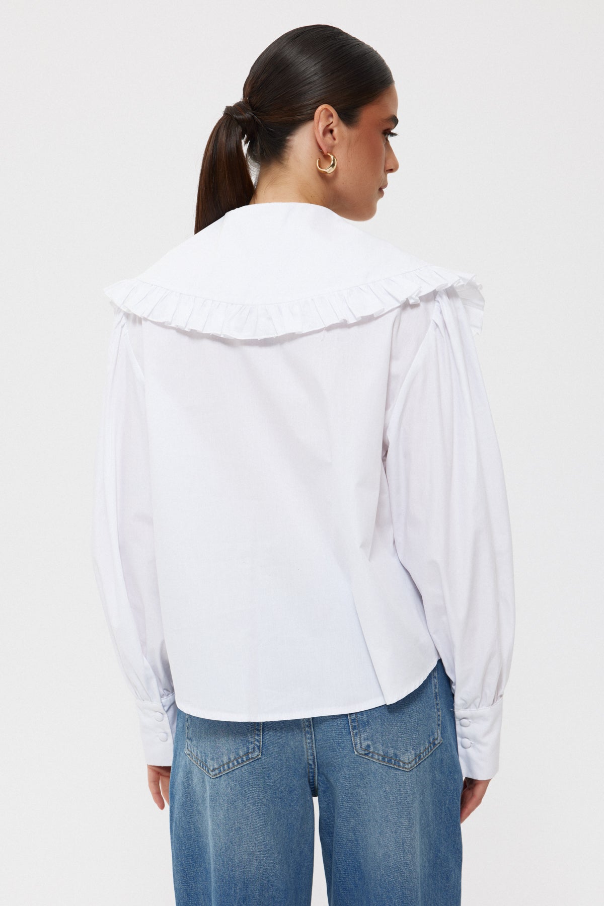 Beyaz Bebe Yaka Uzun Kollu Basic Gömlek SY-2535-Beyaz