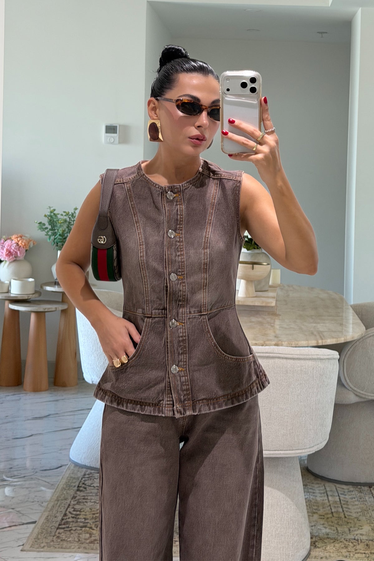 Brown Denim Yelekli Pantolon Takım SY-3853-Kahverengi