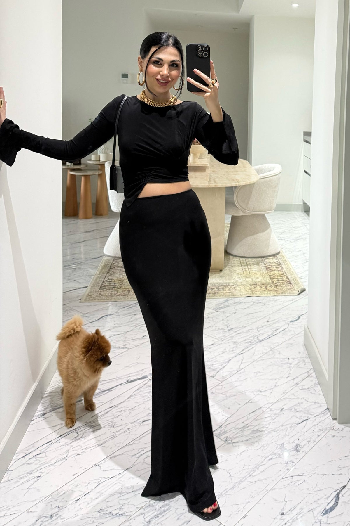 Siyah Büzgülü Bluz Etekli İkili Takım SY-2373-Siyah