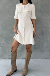 Bej Sahte Cep Detaylı Gold Düğmeli Triko Elbise SY-2534-Bej