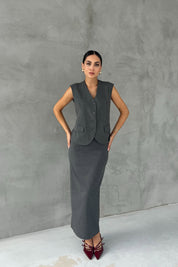 Antrasit Arkası Kısa Kemer Detaylı Yelek ve Yırtmaçlı Etek Takım SY-2482-Antrasit