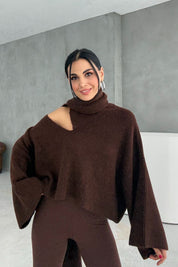 Kahve Şal Detaylı Triko Kazak SY-3427-Kahve