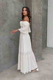 Beyaz Düşük Kol Balenli Gofre Kumaş Uzun Elbise SY-1779-Beyaz