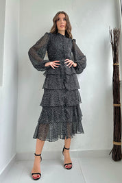 Siyah Puantiyeli Volanlı Şifon Kat Elbise SY-0087-Siyah