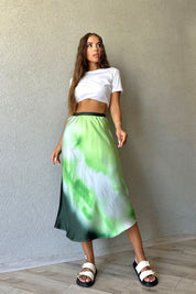 Yeşil Batik Desen Beli Lastikli Saten Etek SY-0892-Yeşil