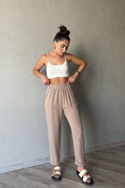 Bej Bel Detaylı Keten Pantolon SY-2044-Bej