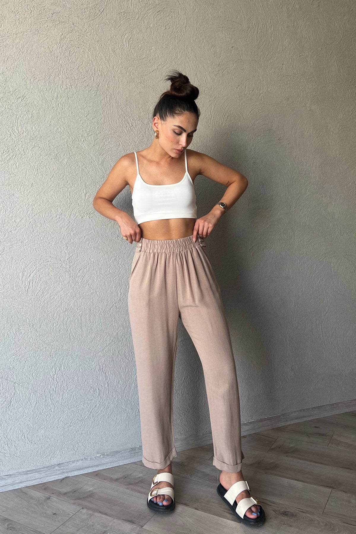 Bej Bel Detaylı Keten Pantolon SY-2044-Bej