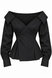 Çapraz Düğmeli Pile Detaylı Siyah Poplin Gömlek SY-3881-Siyah