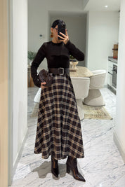 Örme Ekose Detaylı Kemerli Elbise SY-3615-Kahverengi