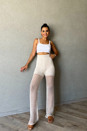 Krem Ajurlu Triko Örme Pantolon SY-2241-Krem