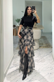 Siyah Ekoseli Fırfırlı Kat Kat Kemerli ETek SY-3525-SiyahEkose