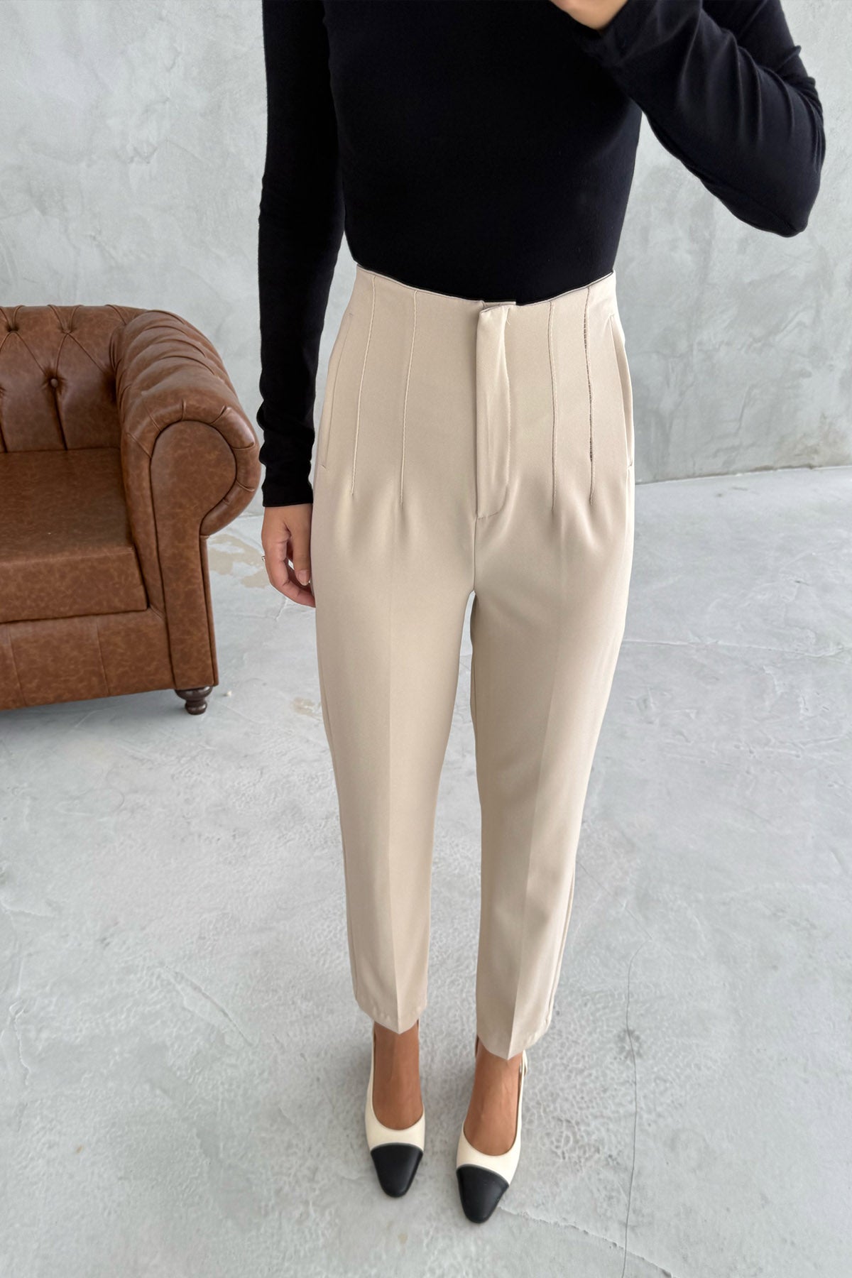 Bej Çift Pensli Fleto Cepli Pantolon SY-3106-Bej