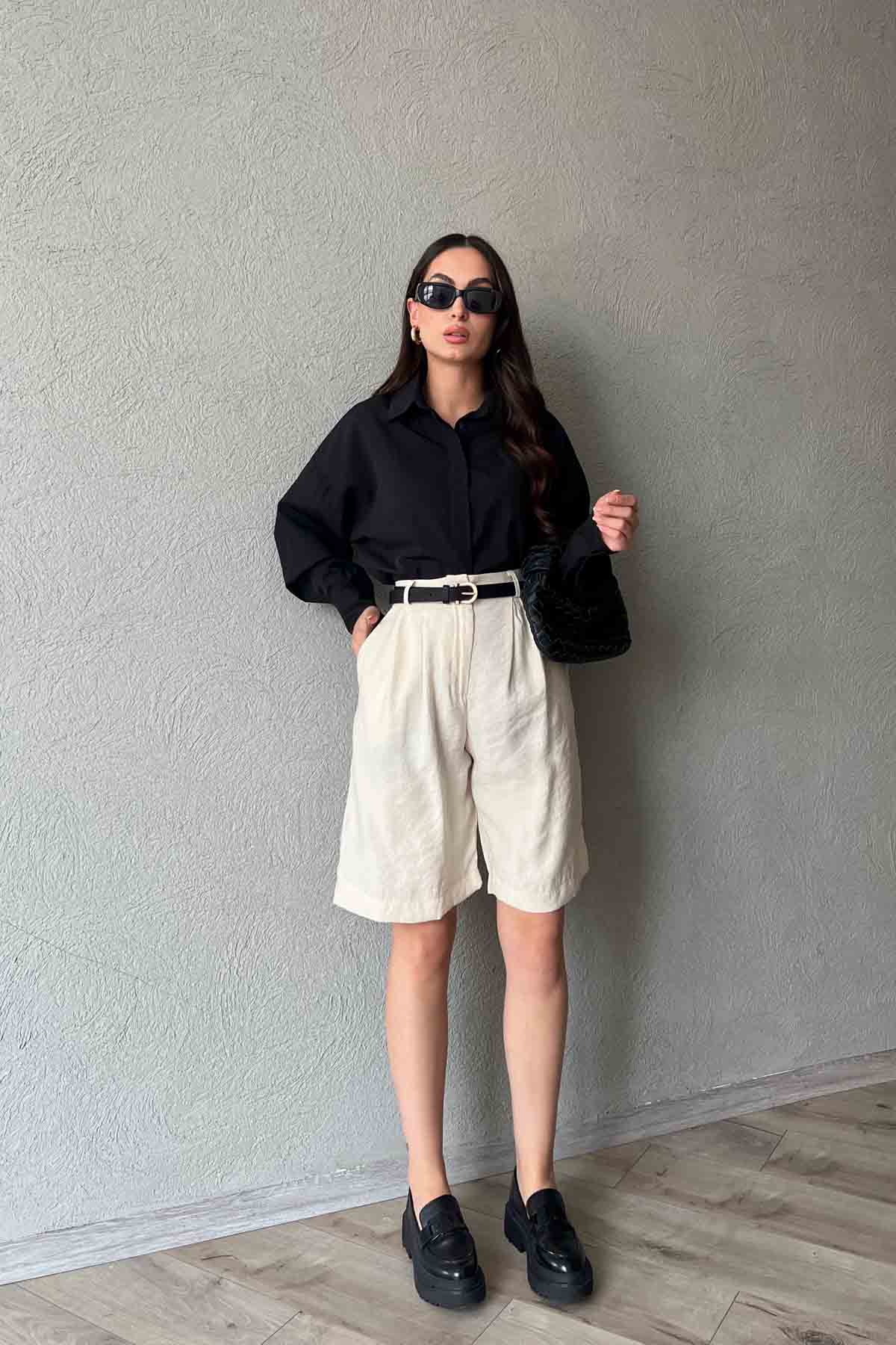 Bej Çift Pile Detaylı Basic Bermuda Şort SY-2010-Bej