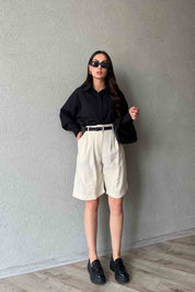 Bej Çift Pile Detaylı Basic Bermuda Şort SY-2010-Bej