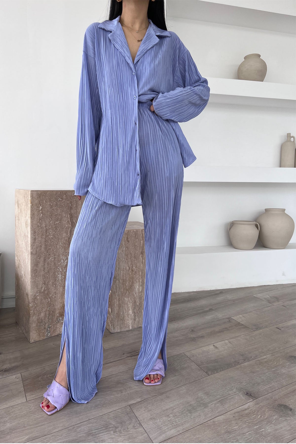 Açık Lila Yırtmaçlı Fitilli Gömlekli Kadın Oversize Takım SY-0465-Açık Lila