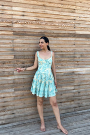 Mint Yeşili Desenli Eteği Büzgü Detaylı Elbise SY-2179-Mint Yeşili