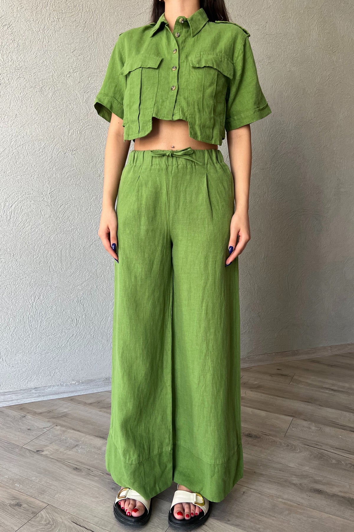 Yeşil Beli Lastikli Premium Keten Pantolon SY-2217-Yeşil