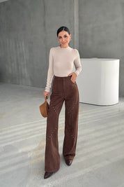 Kahve Süet Zımba Detaylı Pantolon SY-3357-Kahve