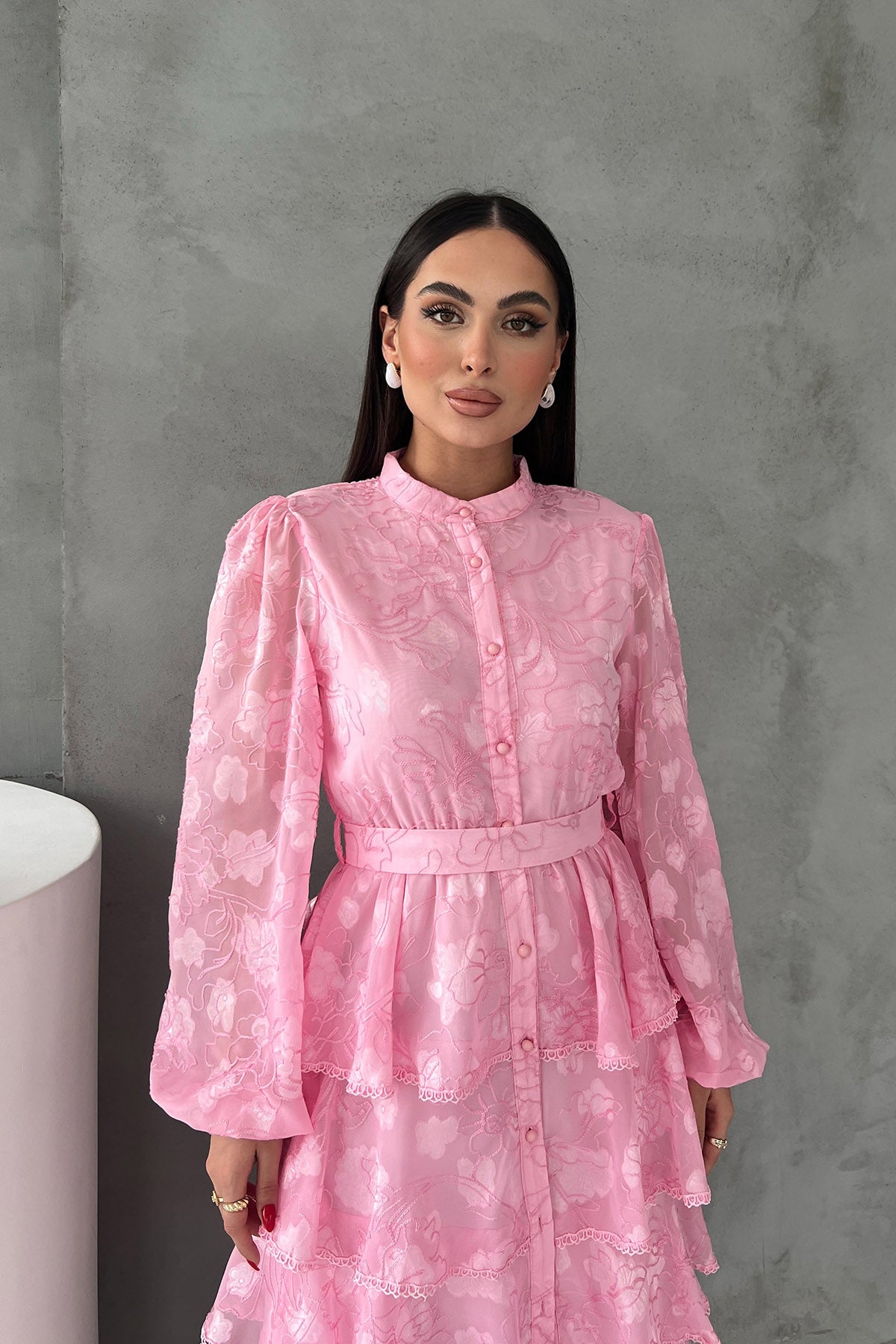 Pembe Valonlu Şerit Detaylı Kat Kat Elbise SY-1747-Şeker Pembe