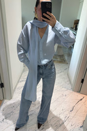 Mavi Şal Detaylı Çizgili Gömlek SY-3622-Mavi