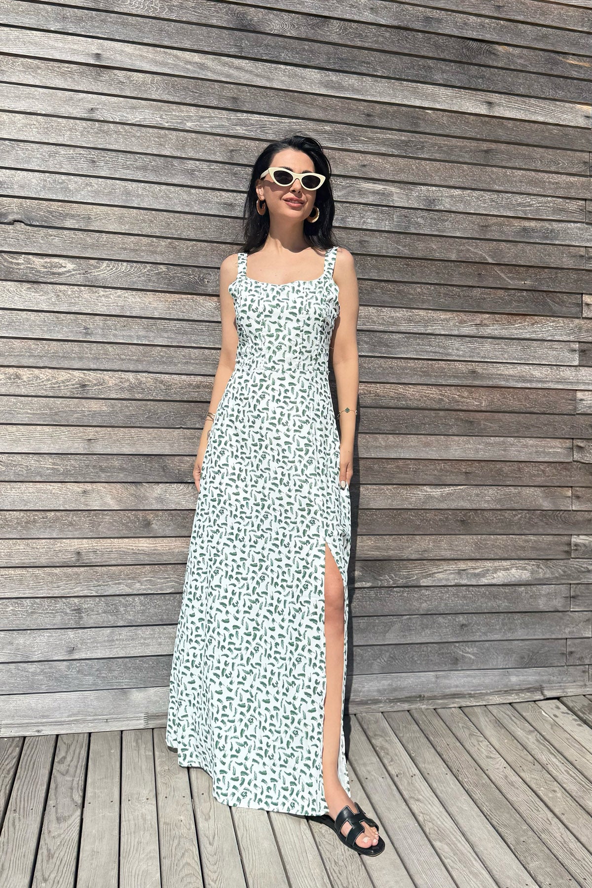 Kadın Askılı Yeşil Çiçek Desenli Midi Elbise SY-3159-Yeşil