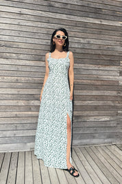 Kadın Askılı Yeşil Çiçek Desenli Midi Elbise SY-3159-Yeşil