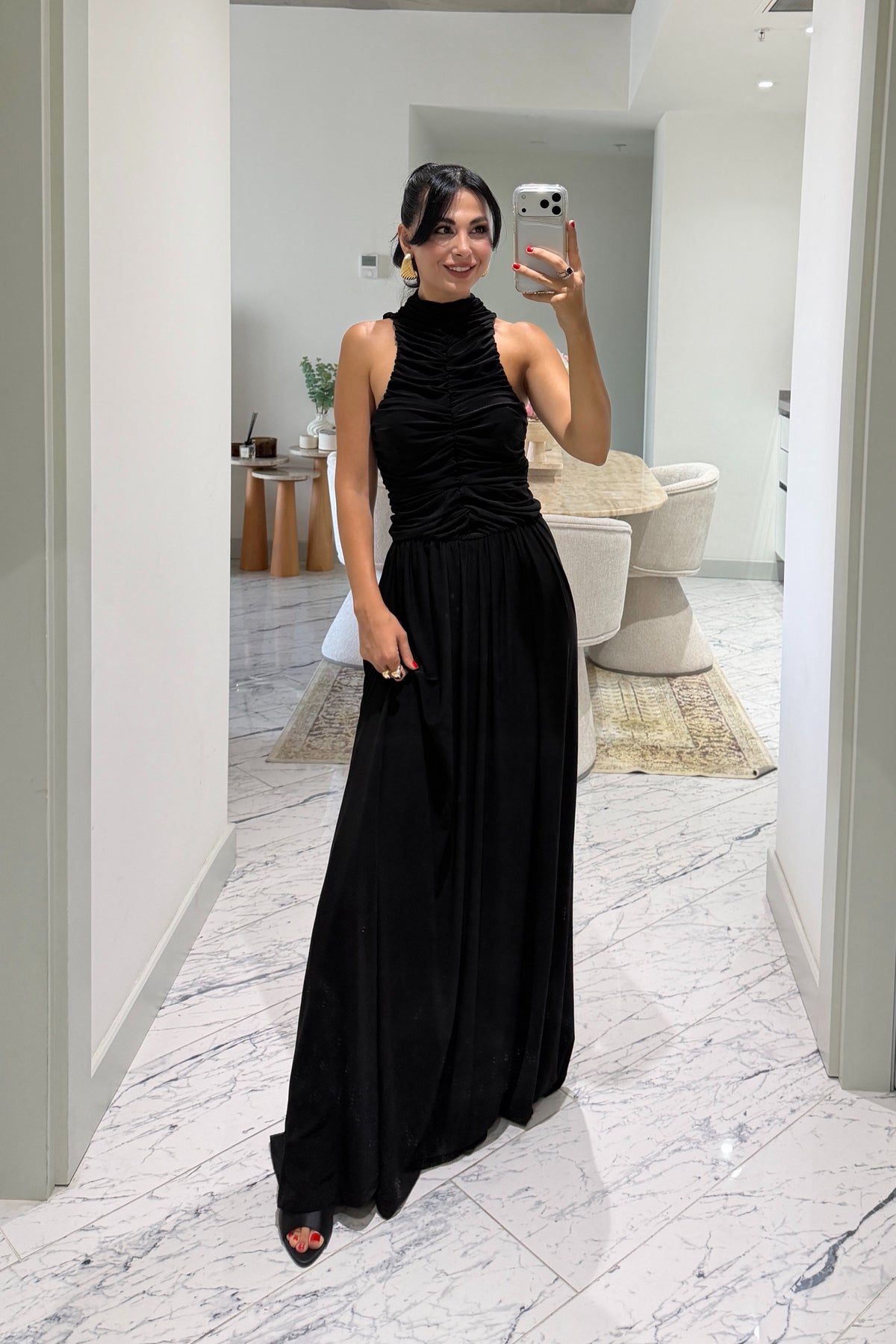 Siyah Halter Yaka Maxi Davet Elbisesi Ön Drapeli SY-3782-Siyah