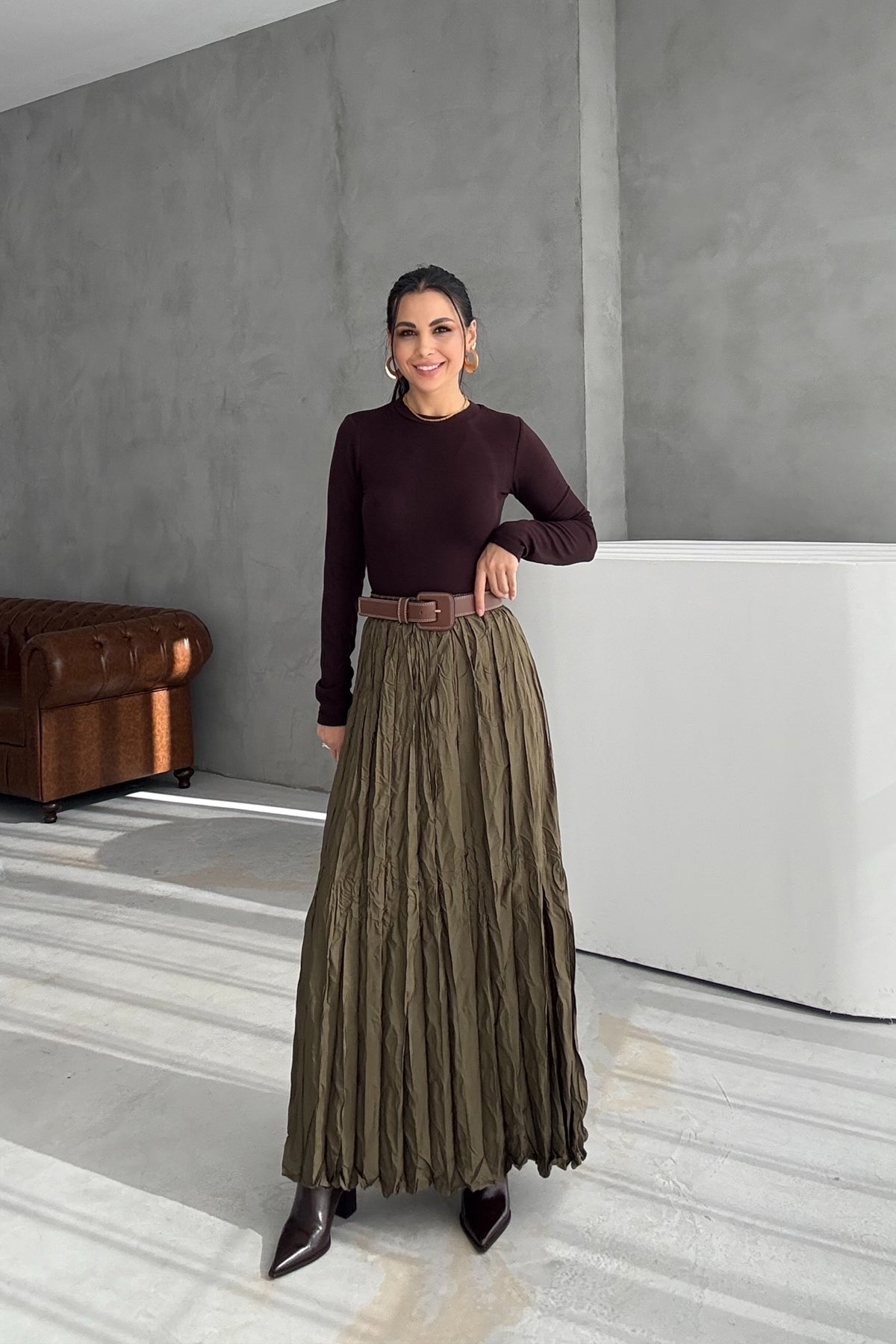 Haki Kırışık Görünümlü Uzun Etek SY-3464-Haki